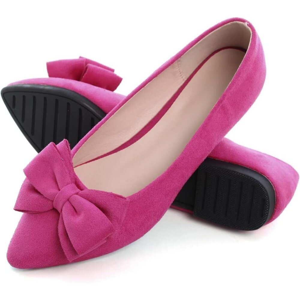 Women's Rose Pink Bowknot Ballet Flats Pointy Toe Casual Flat Shoes Suede - Picture 4 of 7